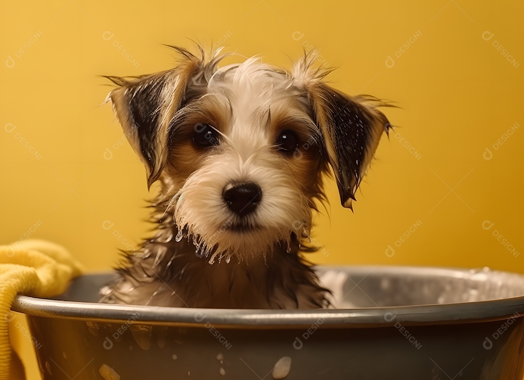 Cachorro fofo tomando banho em fundo amarelo