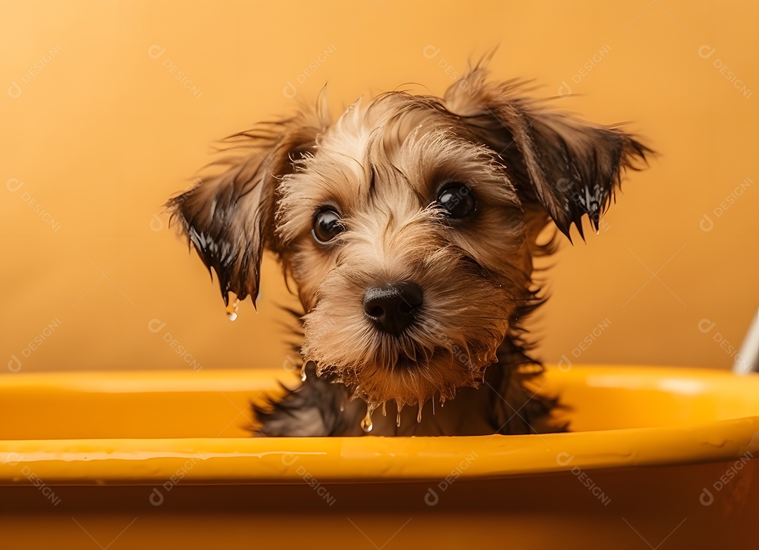 Cachorro filhote fofo tomando banho em fundo amarelo