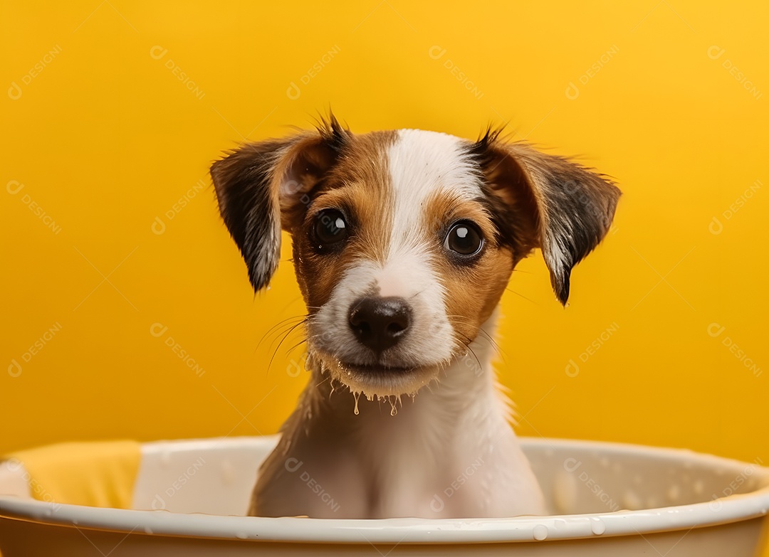 Cachorro filhote Jack russell terrier fofo tomando banho