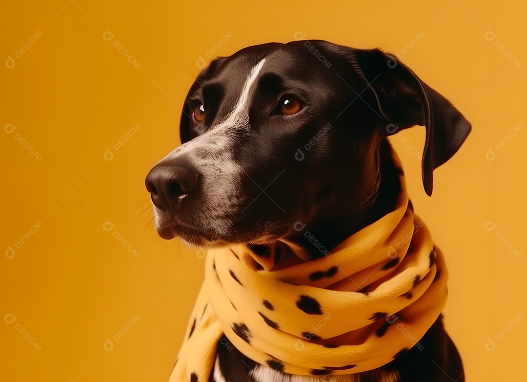 Cachorro labrador preto com lenço em fundo amarelo