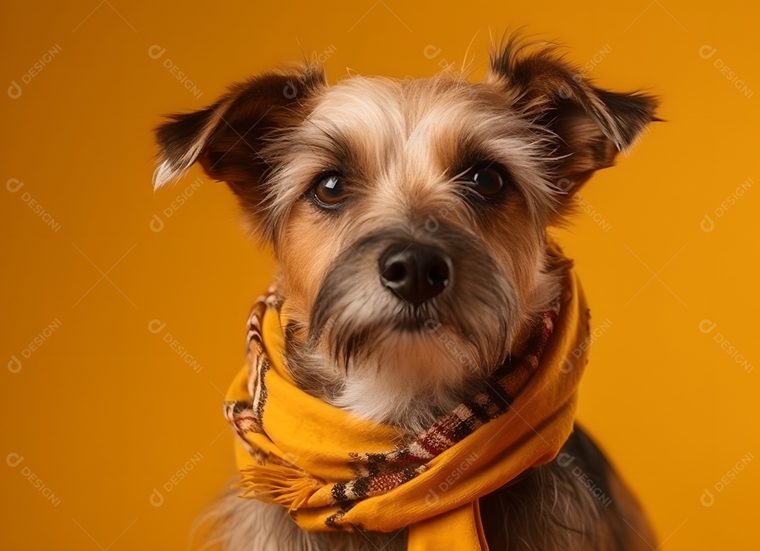 Cachorro Yorkshire terrier com lenço em fundo amarelo