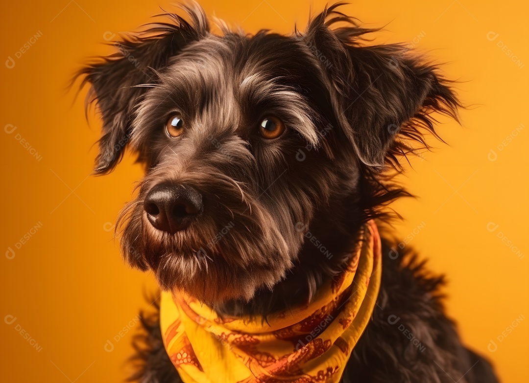 Cachorro Scoodle com lenço em fundo amarelo