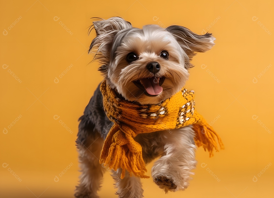 Cachorro fofo Yorkshire de lenço em fundo amarelo