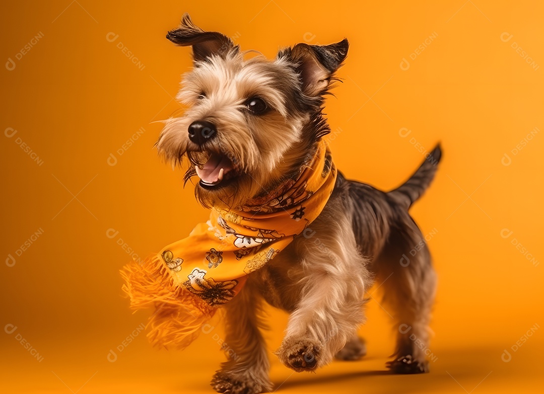 Cachorro Yorkshire terrier correndo em fundo amarelo