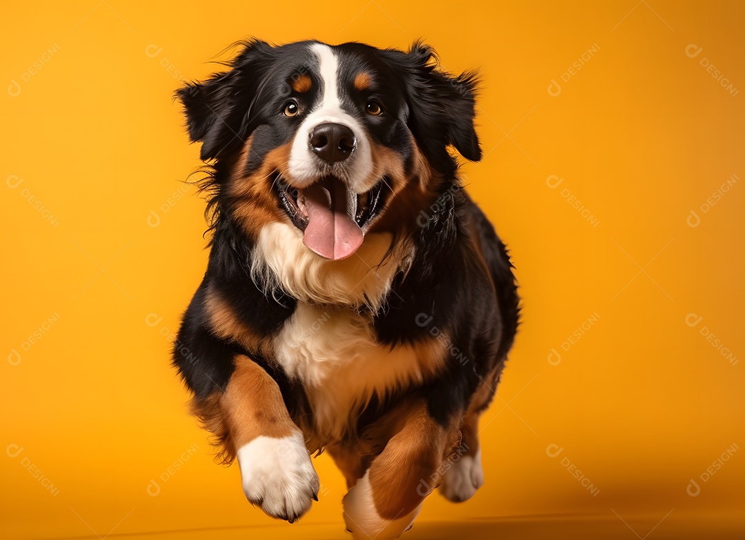Cachorro Boiadeiro de Berna correndo em fundo amarelo