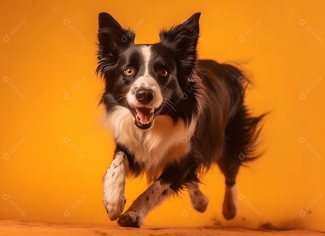 Cachorro Border collie correndo em fundo amarelo