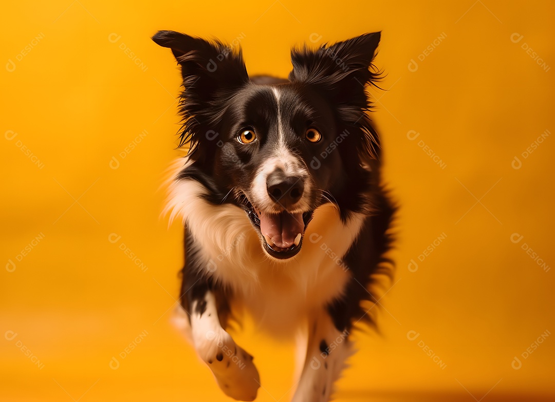 Cachorro Border collie correndo em fundo amarelo