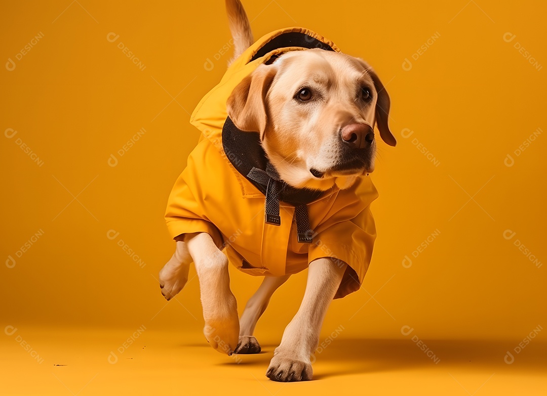 Cachorro Labrador retriever com roupa em fundo amarelo