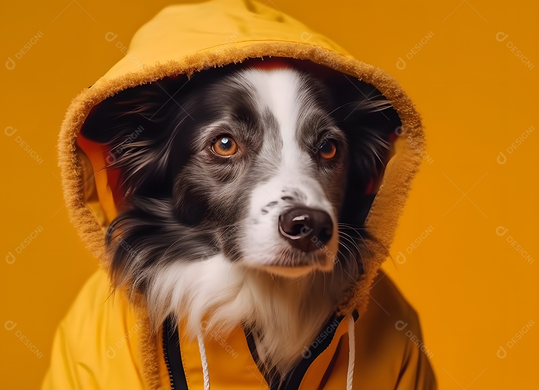 Cachorro Border collie com capuz em fundo amarelo