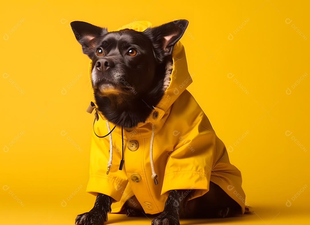 Cachorro preto com blusa de frio em fundo amarelo