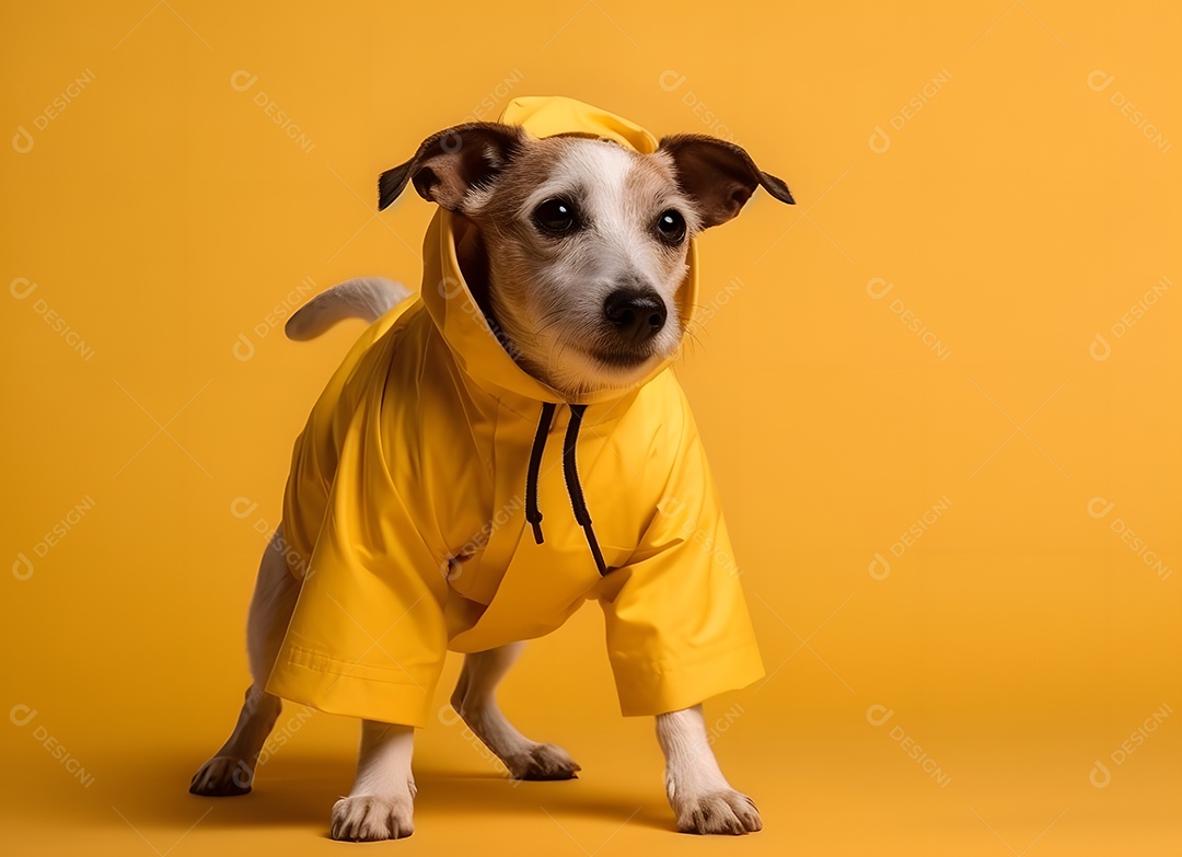 Cachorro Jack russell terrier com blusa de frio em fundo amarelo