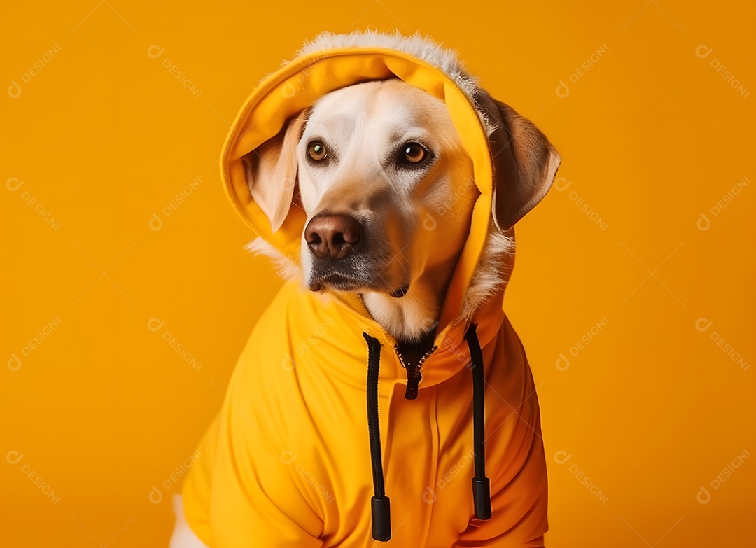 Cachorro Labrador retriever com blusa de frio em fundo amarelo