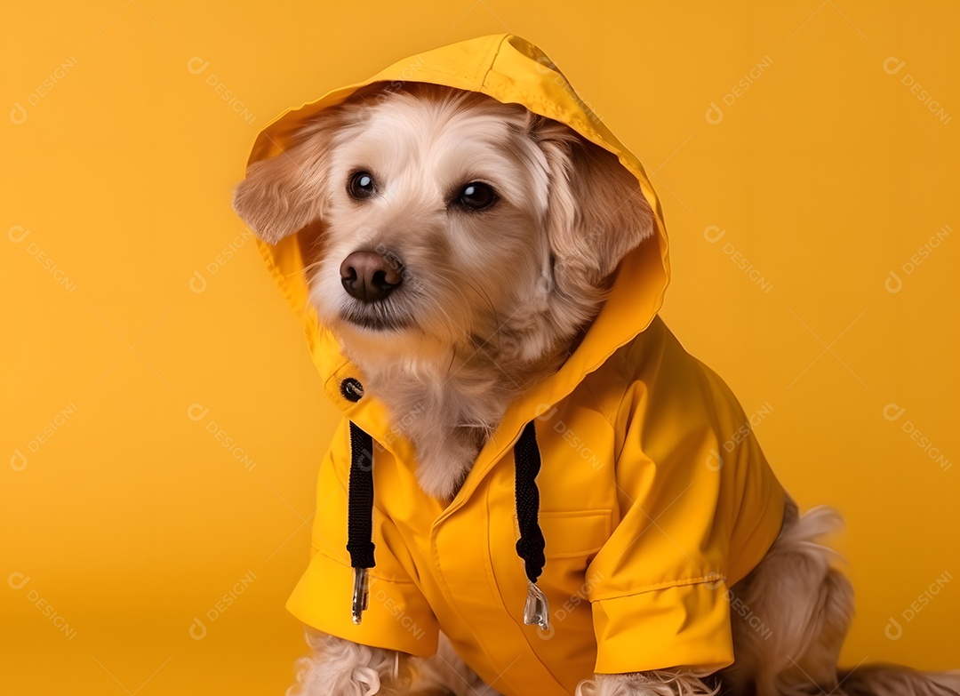 Cachorro Norfolk terrier com blusa de frio em fundo amarelo