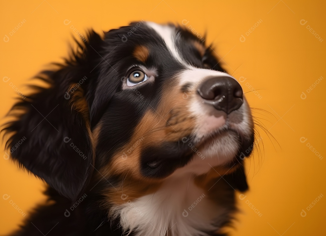 Cachorro filhote Boiadeiro de Berna em fundo amarelo