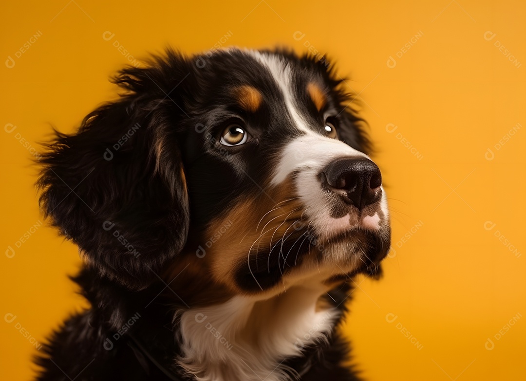 Cachorro filhote Boiadeiro de Berna em fundo amarelo