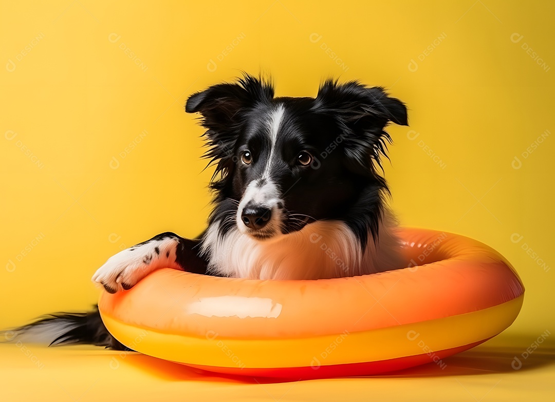 Cachorro Border Collie com boia em fundo amarelo