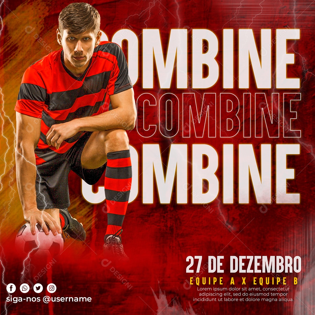 Flyer Combine Futebol Jogador Camisa Vermelha e Preta Social Media PSD Editável