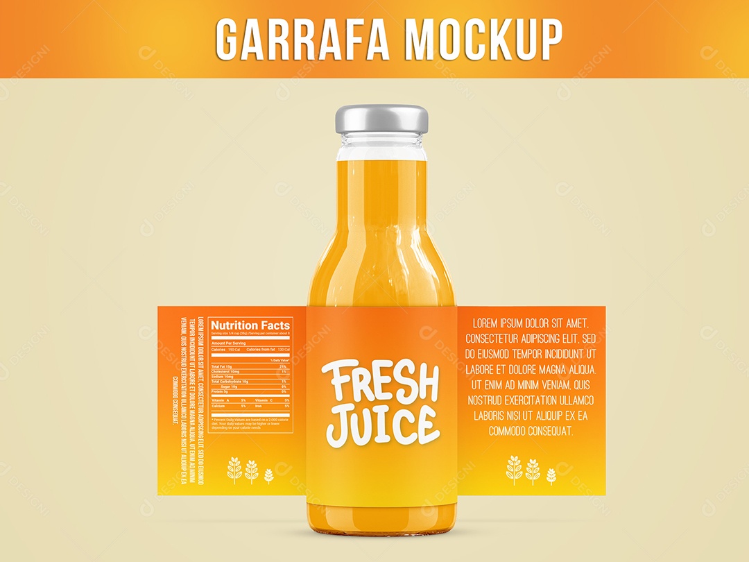 Garrafa de Suco Mockup com Rótulo Bebida Vidro PSD Editável