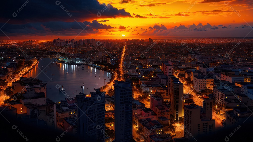 Imagem realista de cidade iluminada.