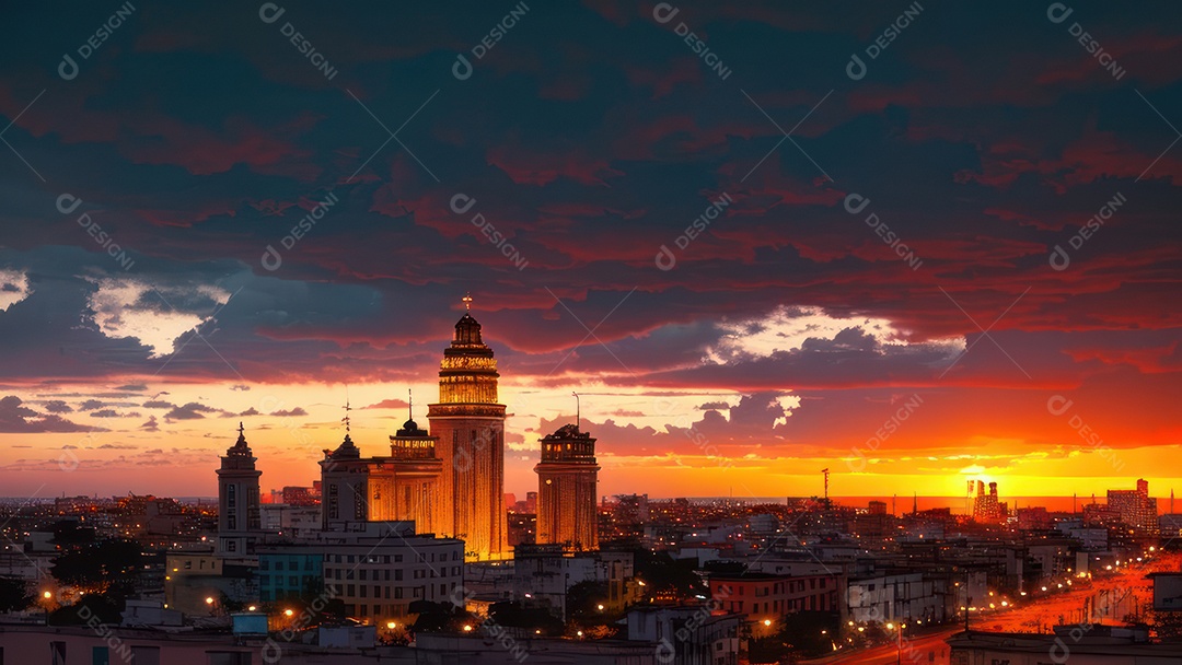 Imagem realista de cidade iluminada.