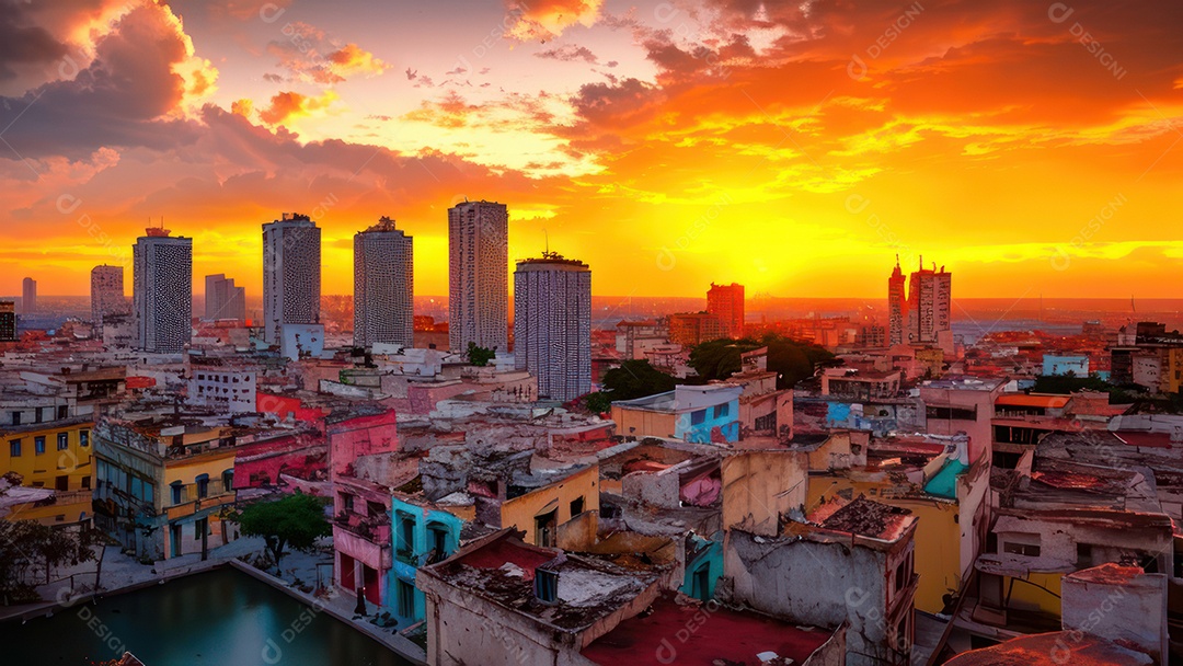 Imagem realista de cidade iluminada.