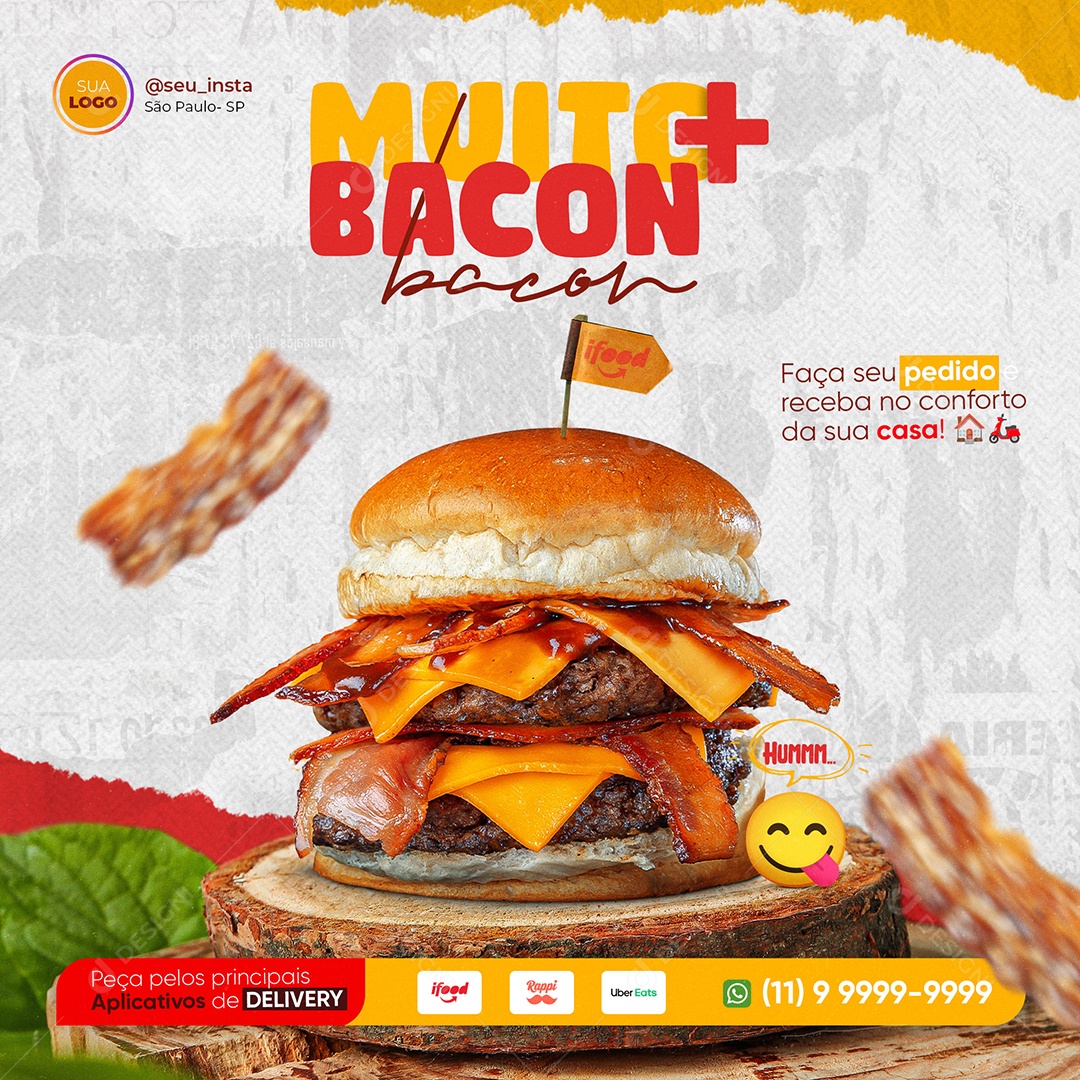 Muito + Bacon Faça Seu Pedido Hamburgueria Social Media PSD Editável