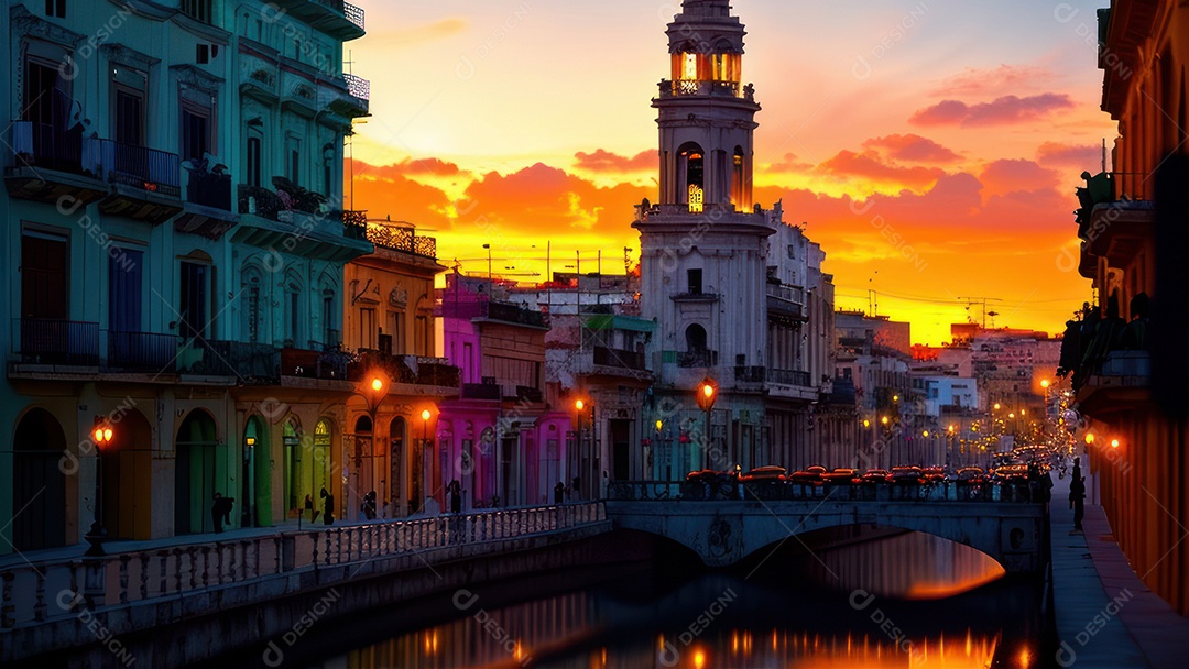 Imagem realista de cidade iluminada.