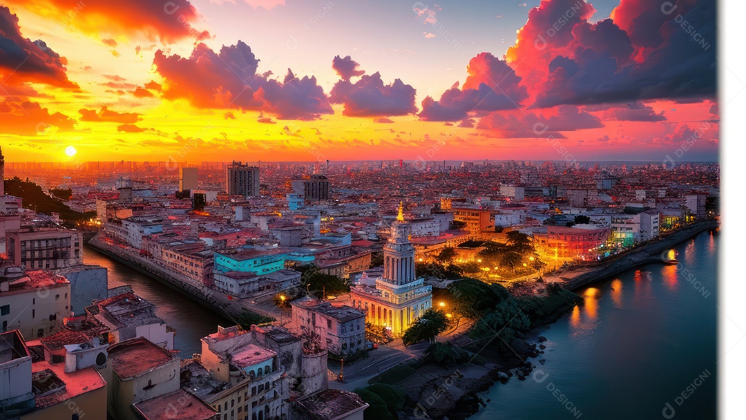 Imagem realista de cidade iluminada.