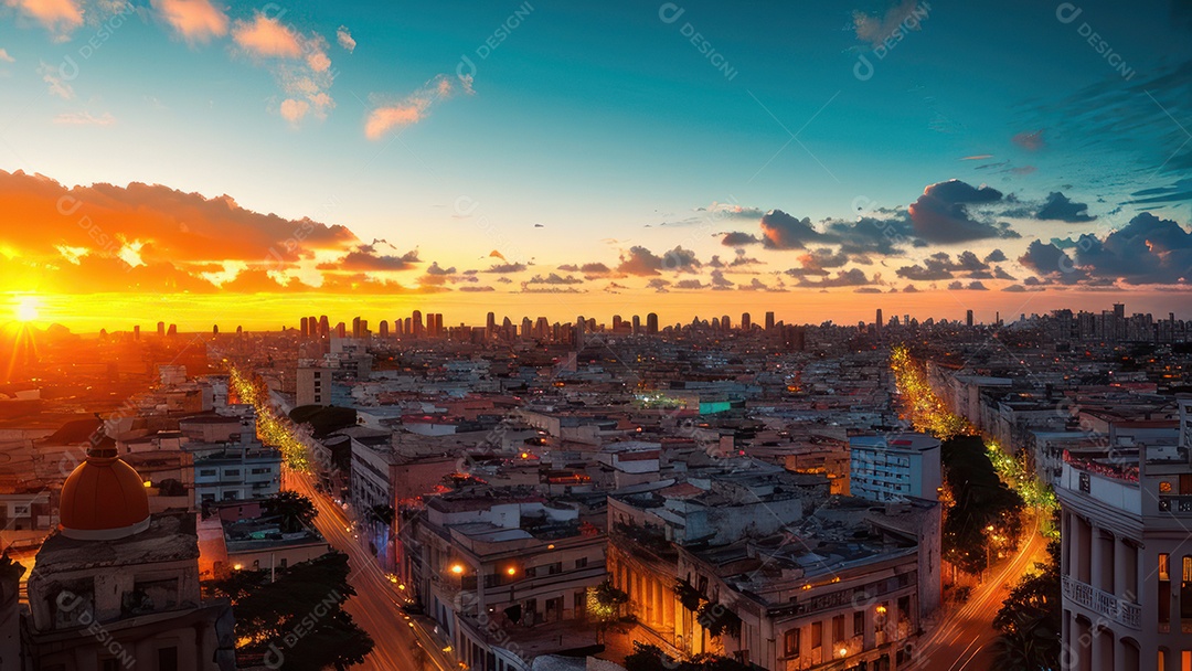 Imagem realista de cidade iluminada.