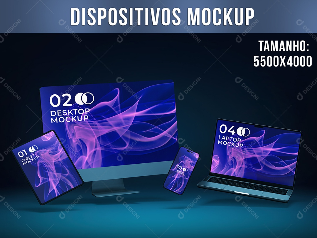 Dispositivos Voando Mockup em Fundo Escuro Tecnologia Internet Computador PSD Editável