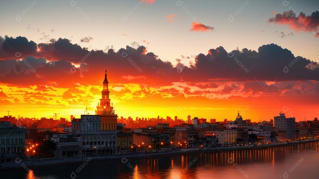 Imagem realista de cidade iluminada.