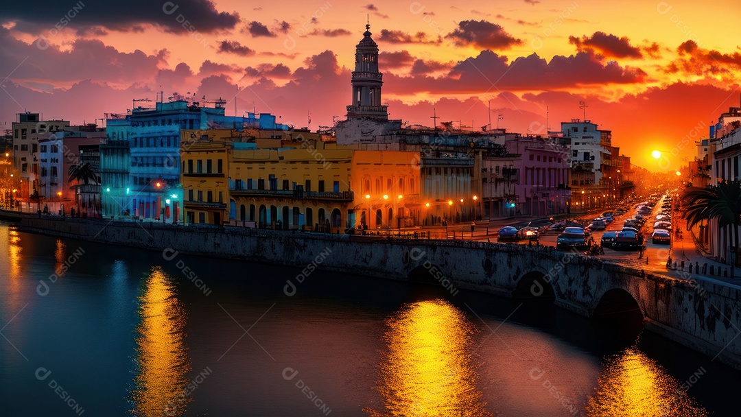 Imagem realista de cidade iluminada.