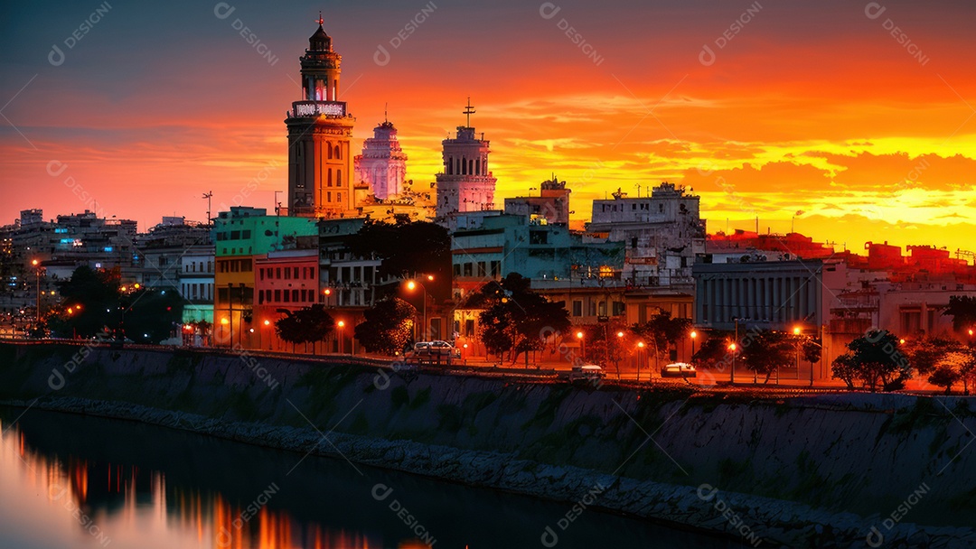 Imagem realista de cidade iluminada.