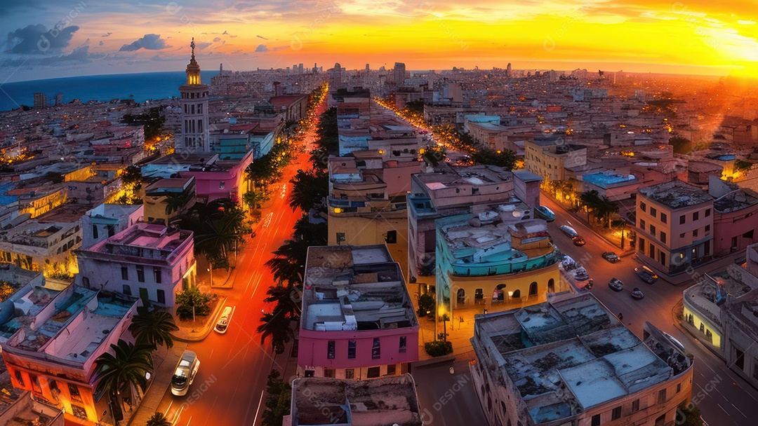 Imagem realista de cidade iluminada.