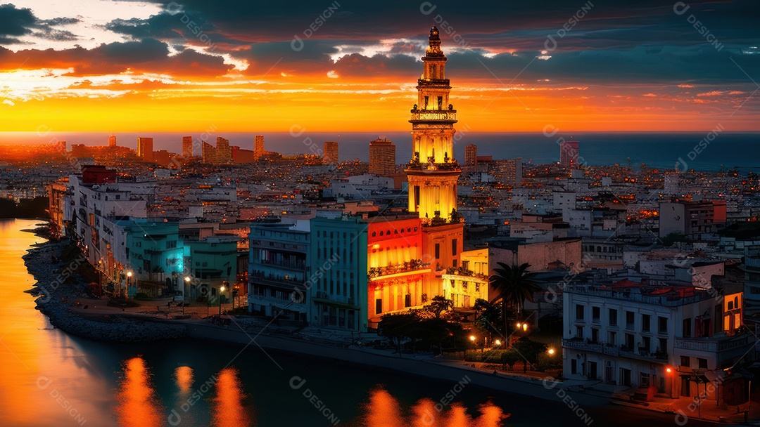 Imagem realista de cidade iluminada.