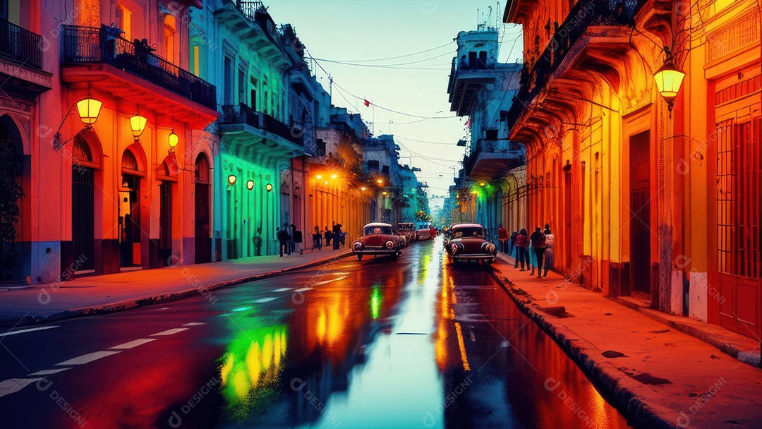 Imagem realista de cidade iluminada.