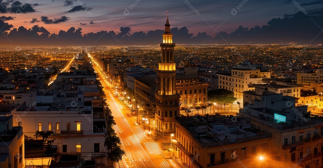 Imagem realista de cidade iluminada.