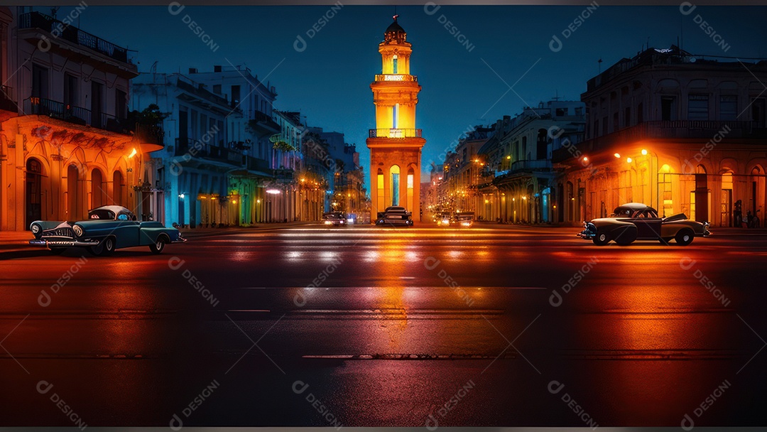 Imagem realista de cidade iluminada.