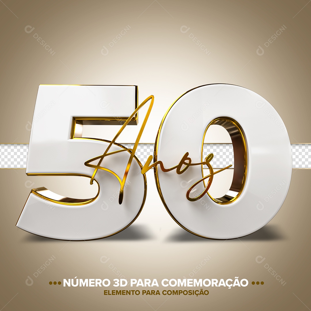 Número 50 Anos Branco E Dourado Comemoração Elemento 3D Para Composição PSD