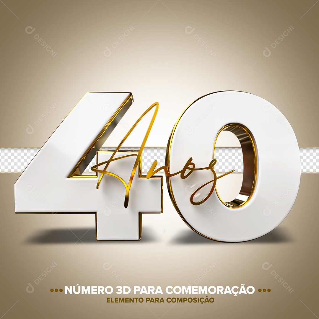 Número 40 Anos Branco E Dourado Comemoração Elemento 3D Para Composição PSD