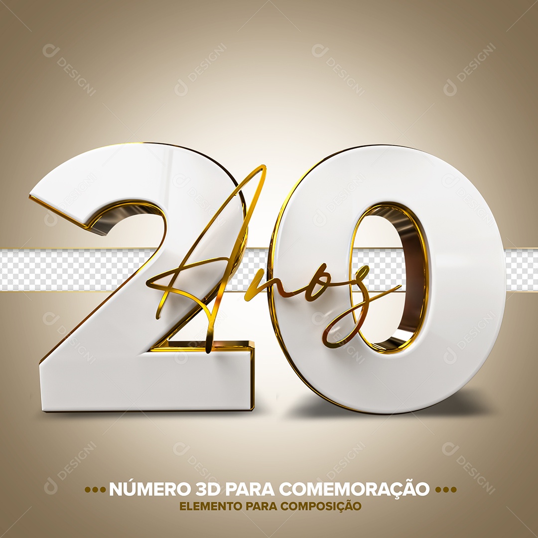 Número 20 Anos Branco E Dourado Comemoração Elemento 3D Para Composição PSD