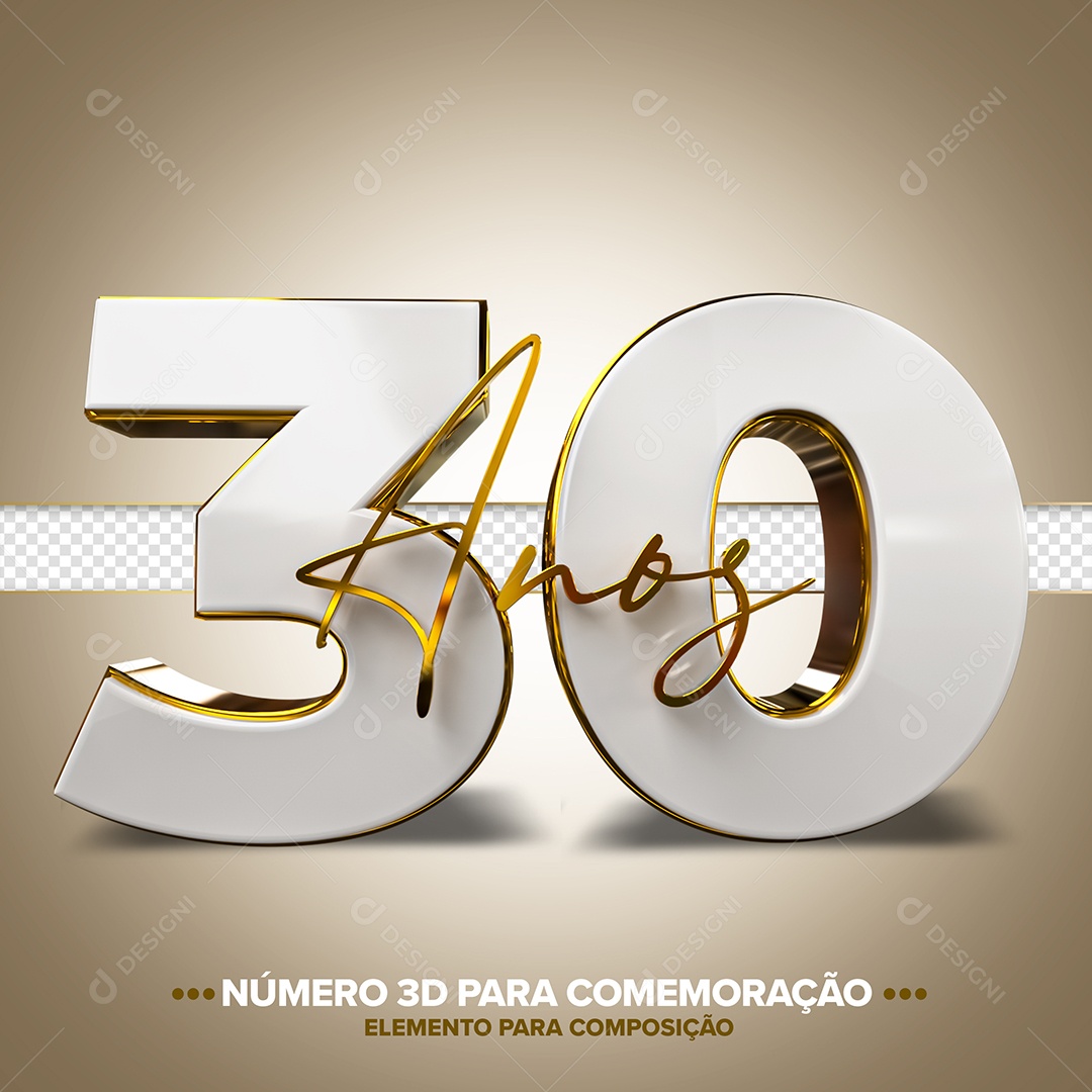 Número 30 Anos Branco E Dourado Comemoração Elemento 3D Para Composição PSD