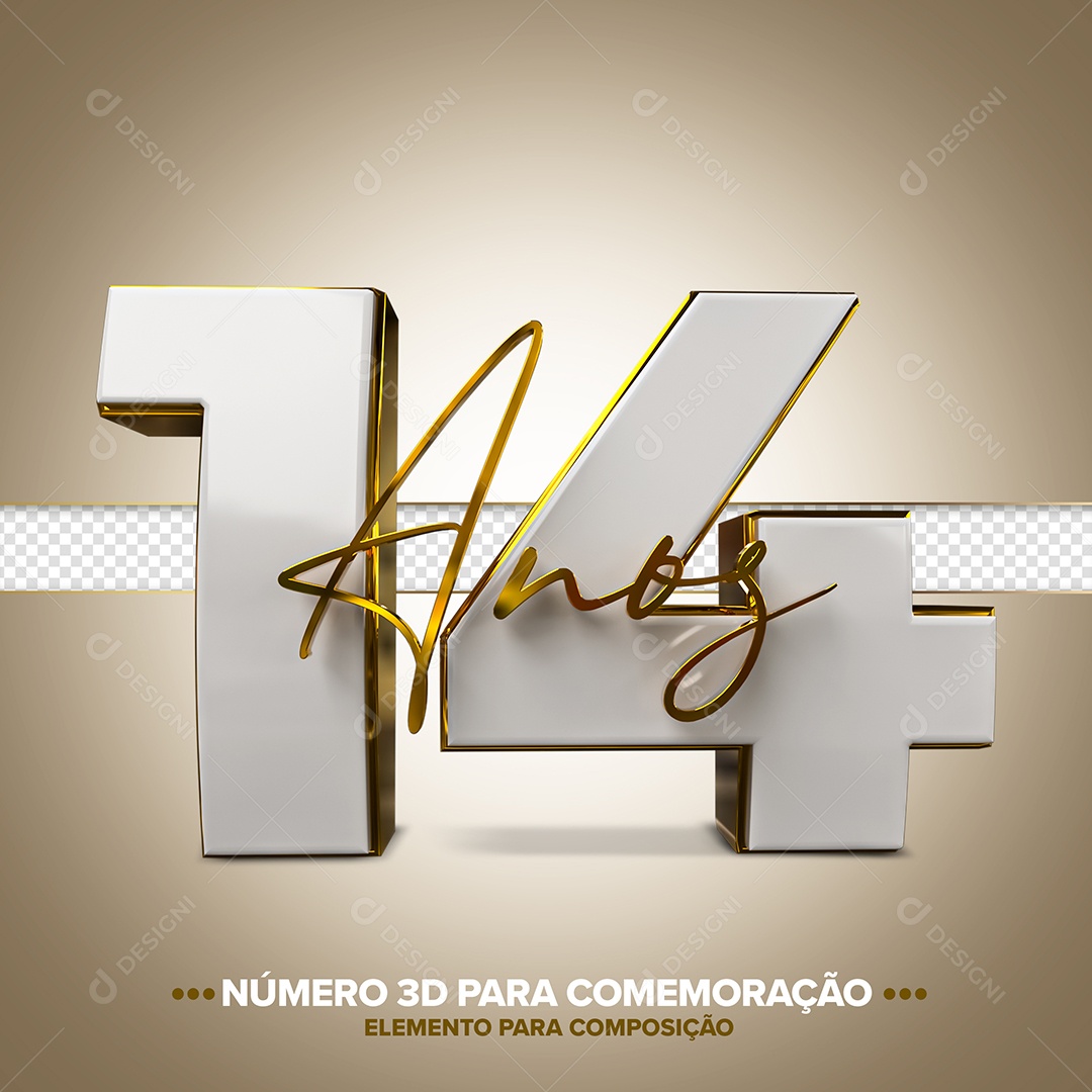 Número 14 Anos Branco E Dourado Comemoração Elemento 3D Para Composição PSD