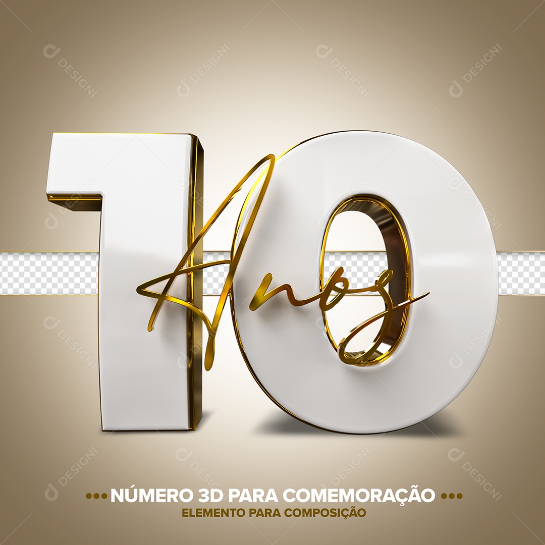 Número 10 Anos Branco E Dourado Comemoração Elemento 3D Para Composição PSD