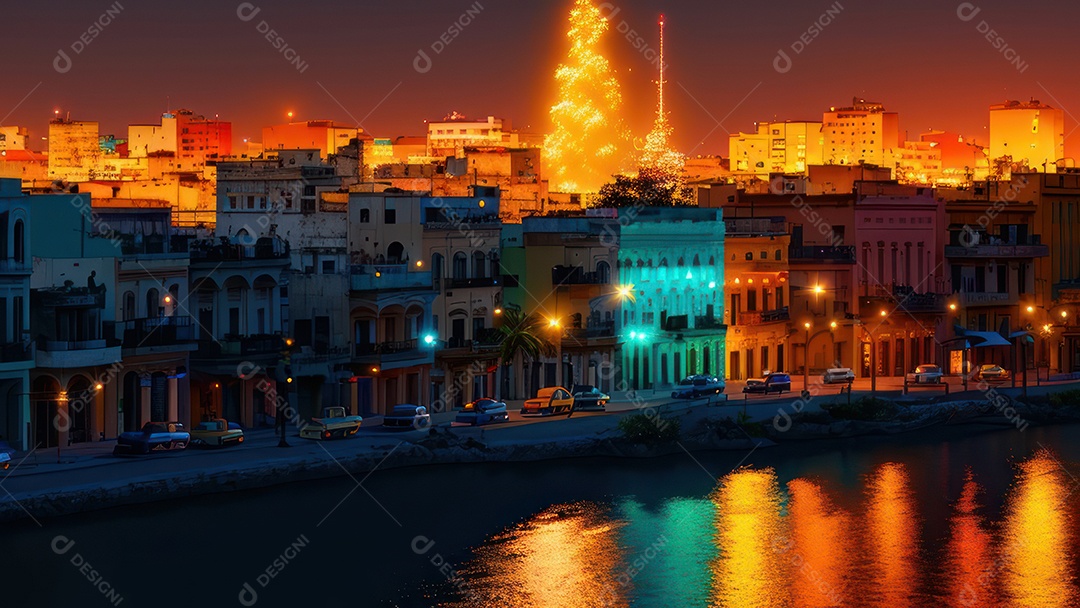 Imagem realista de cidade iluminada.