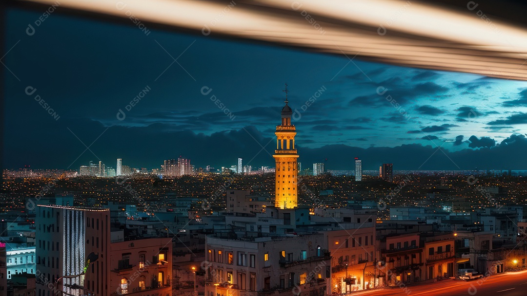 Imagem realista de cidade iluminada.