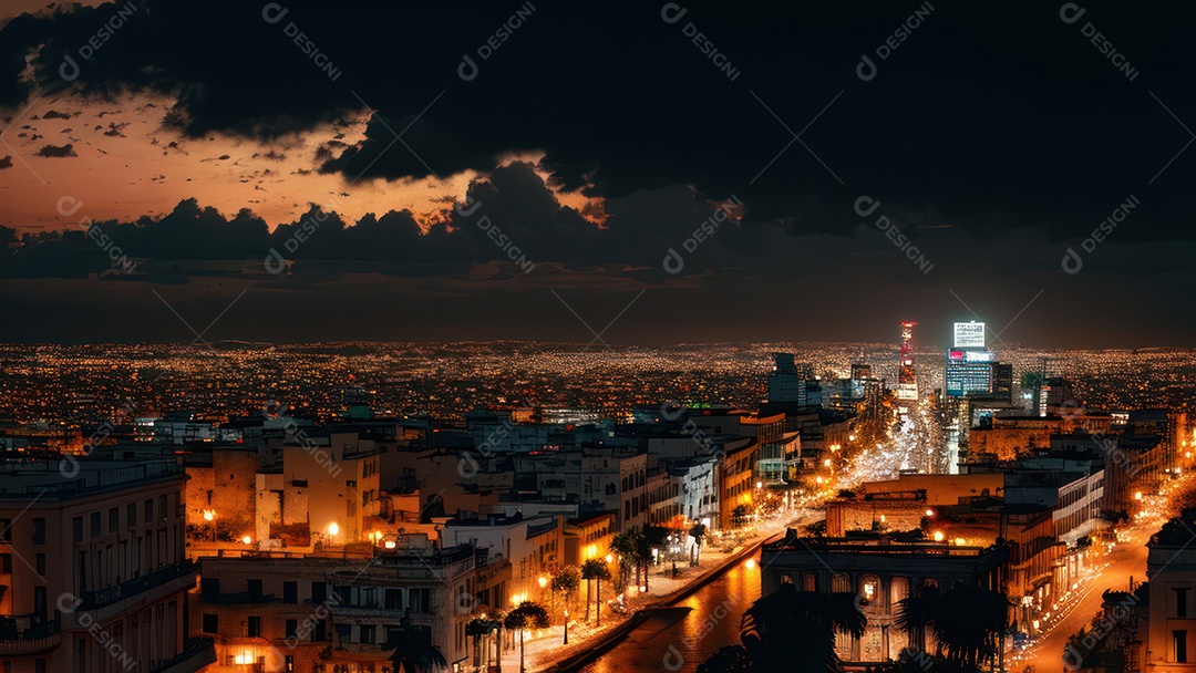 Imagem realista de cidade iluminada.