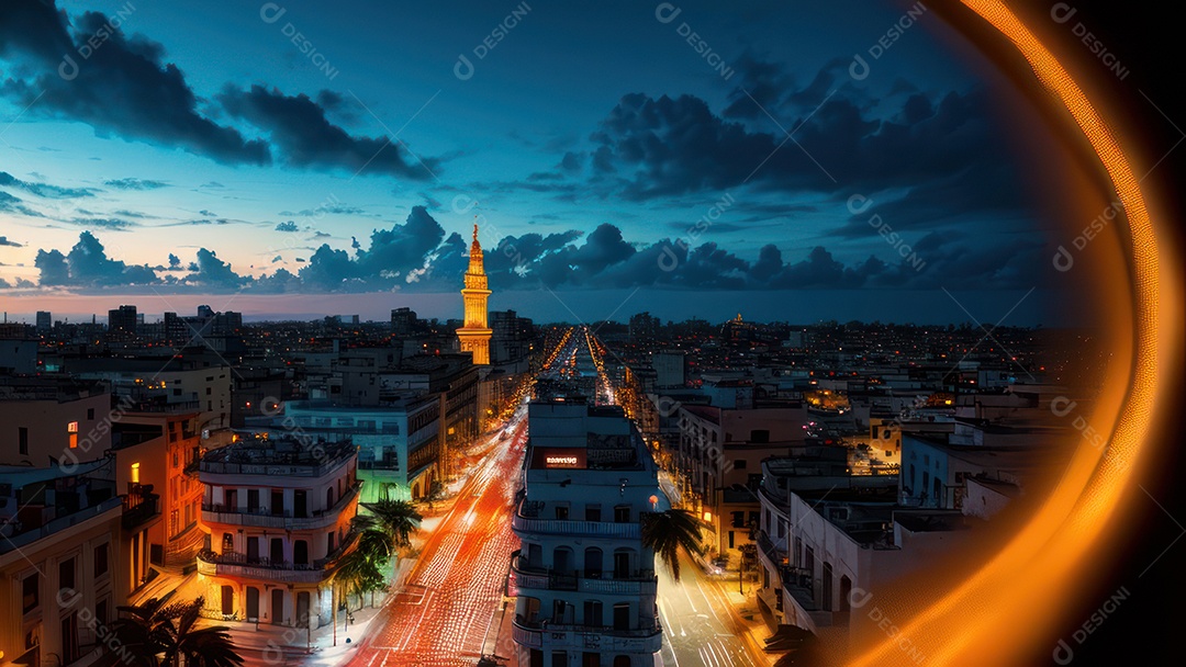 Imagem realista de cidade iluminada.