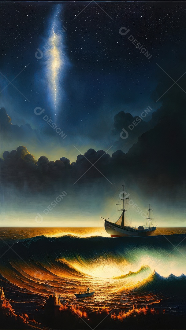 Imagem realista de barco sobre alto mar.