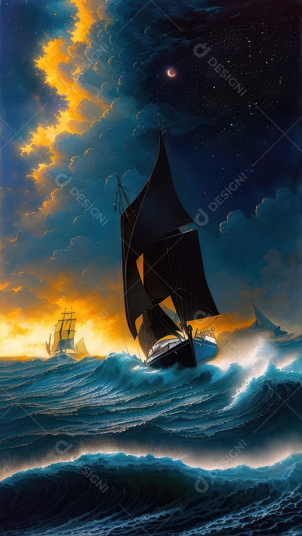 Imagem realista de barco sobre alto mar.